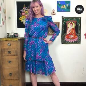 Vintage Iridescent Chiffon Dress, 1980s Floral Swing Cocktail Shimmer Dress, S-M
